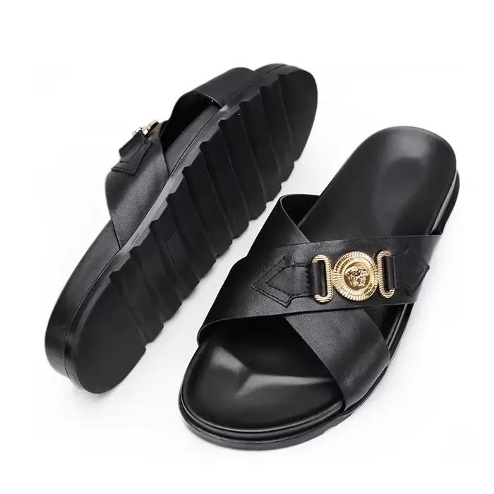 Pantoufles polyvalentes pour hommes cuir véritable semelle en caoutchouc sangles croisées chaussures de plage décontractées pour l'été occasions spéciales