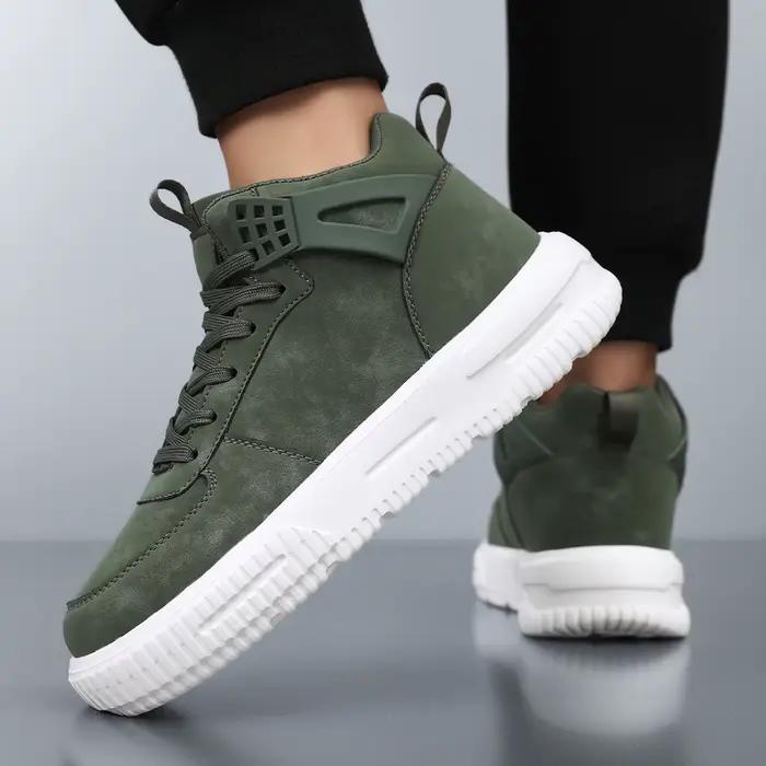 Baskets montantes vertes en cuir pour hommes, style streetwear, bottines, chaussures brogues pour hommes, confortables, à lacets, plateforme, pour hommes décontractés