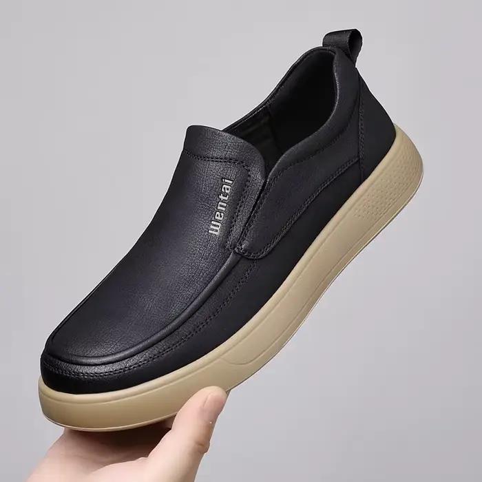 Chaussures décontractées pour hommes à enfiler en cuir, semelle souple, légères, mode printemps-automne, bout rond, talon bas, semelle en PU