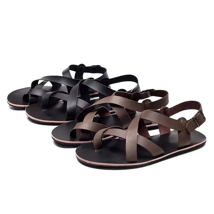 Été hommes mode Rome en cuir véritable sandales ceinture conception bout ouvert sandales homme Simple chaussures plates décontractées respirant Sandalias