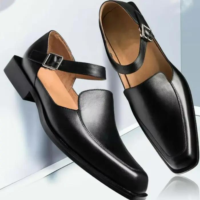Sandales d'Été Noires en Cuir PU pour Homme, Chaussures Formelles d'Affaires, Nouvelle Collection