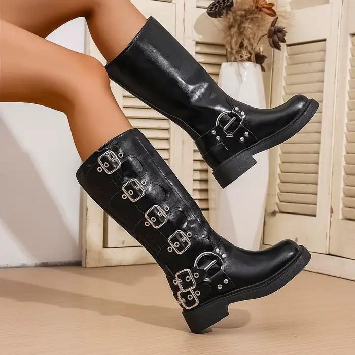 Nouvelle femme bottes genou haute plate-forme élégante talon bas tendance Punk gothique New Rock cuir mode chaussures