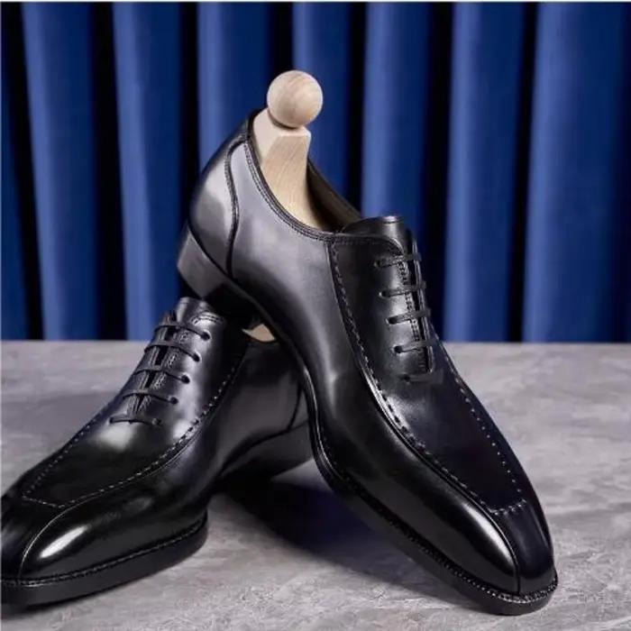 Oxfords marron noir pour hommes, chaussures d'affaires formelles en cuir véritable, chaussures habillées Vintage pour hommes