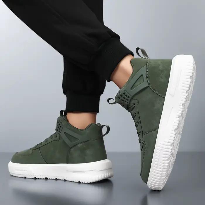 Baskets montantes vertes en cuir pour hommes, style streetwear, bottines, chaussures brogues pour hommes, confortables, à lacets, plateforme, pour hommes décontractés