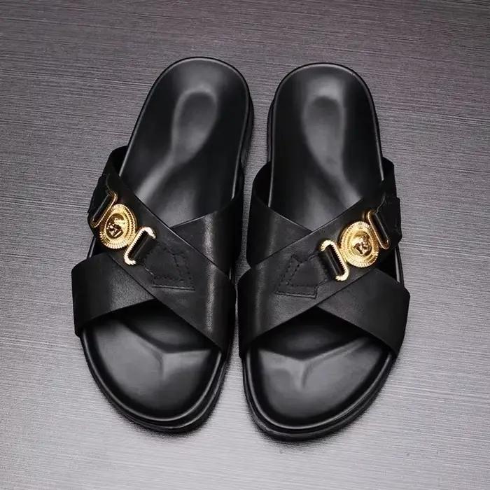 Pantoufles polyvalentes pour hommes cuir véritable semelle en caoutchouc sangles croisées chaussures de plage décontractées pour l'été occasions spéciales