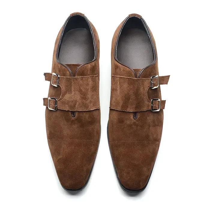 Classique Double boucle moine sangle hommes chaussures habillées vache daim cuir pointu casquette orteil affaires fête mariage chaussures formelles pour homme