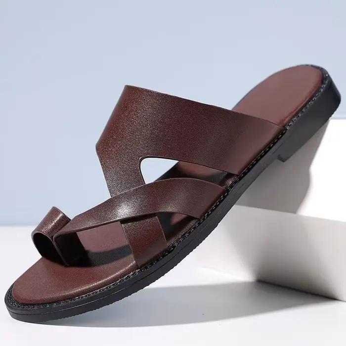 Sandales pour hommes, pantoufles en cuir véritable, marque de luxe, chaussures plates décontractées antidérapantes pour la plage, Sandalia Zapatos Hombre 2024