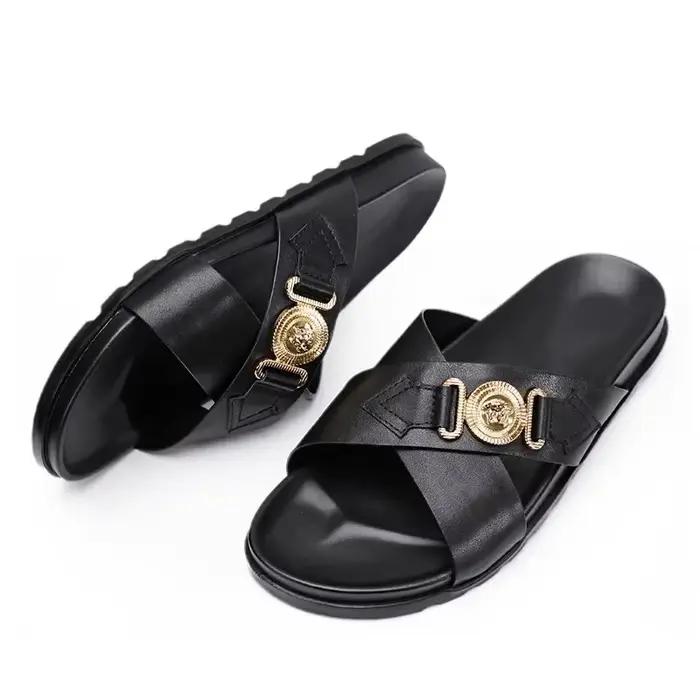 Pantoufles polyvalentes pour hommes cuir véritable semelle en caoutchouc sangles croisées chaussures de plage décontractées pour l'été occasions spéciales