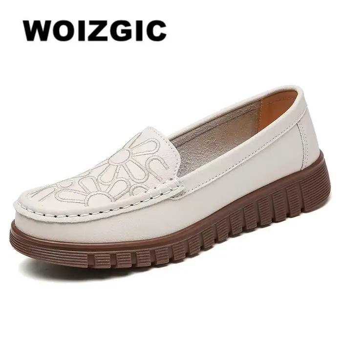 WOIZGIC femmes dames mère chaussures en cuir véritable appartements antidérapants sur doux printemps automne mocassins mocassin