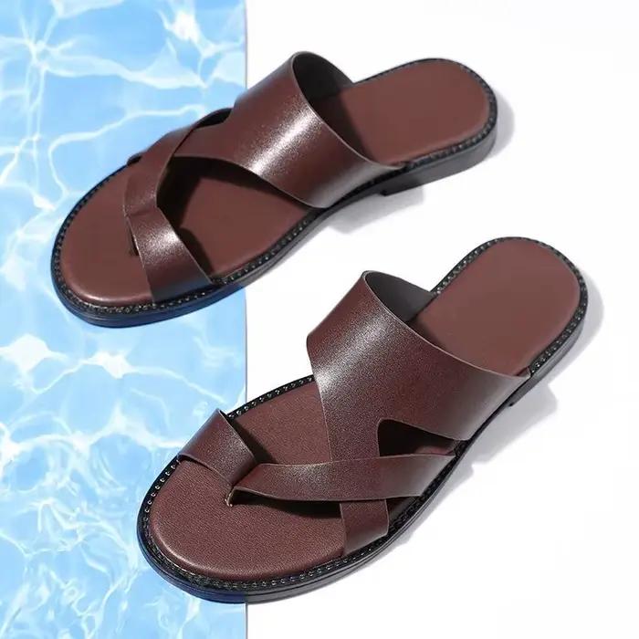 Sandales pour hommes, pantoufles en cuir véritable, marque de luxe, chaussures plates décontractées antidérapantes pour la plage, Sandalia Zapatos Hombre 2024