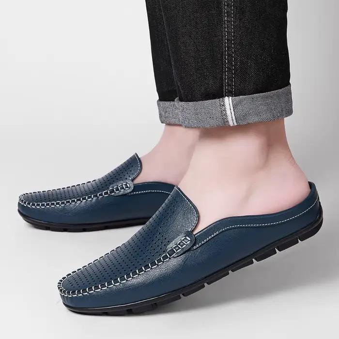 Chaussures décontractées en cuir véritable Realheren pour hommes demi-chaussures d'été mules perforées à enfiler noir et beige ocasions décontractées