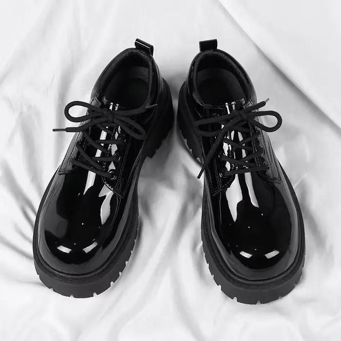 Chaussures en cuir noir unisexe 2025 printemps plate-forme à lacets Oxfords