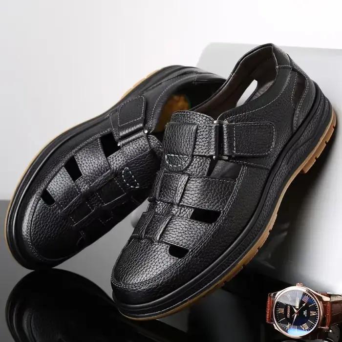 Sandales en cuir véritable pour hommes, chaussures d'été respirantes et décontractées, fond souple, antidérapant, Design ajouré, chaussures confortables pour papa
