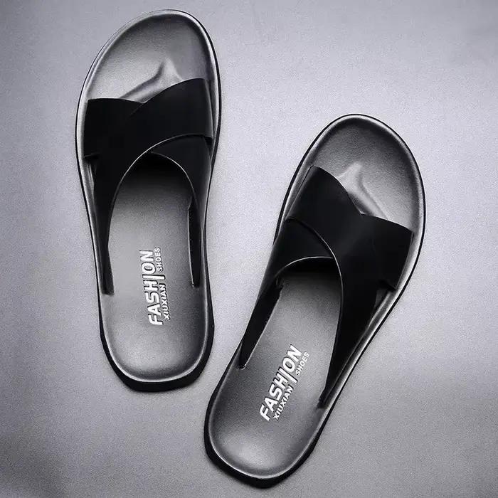 Sandales pour hommes pantoufles en cuir véritable marque de luxe mode chaussures plates pour homme décontracté antidérapant plage Sandalia Zapatos Hombre 2024