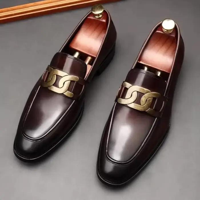 Chaussures en cuir de haute qualité avec boucle métallique pour hommes, chaussures de ville en cuir véritable de luxe, chaussures de mariage pour marié