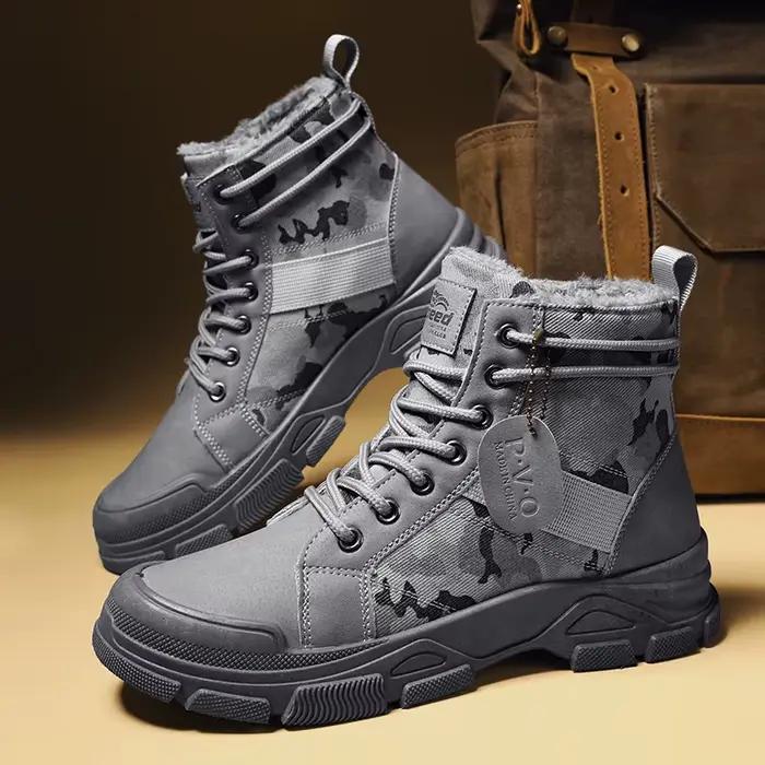 Bottes de combat camouflage d'hiver pour hommes, doublées de fourrure, chaudes, à tige haute, bottes tactiques de travail, chaussures de randonnée en plein air