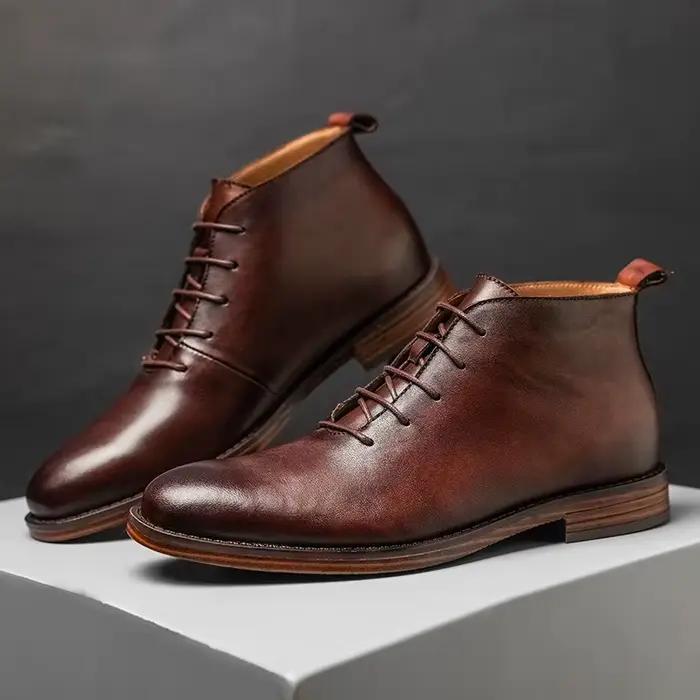 Bottines rétro pour hommes, chaussures en cuir véritable de haute qualité, élégantes à lacets, pour le bureau et les affaires