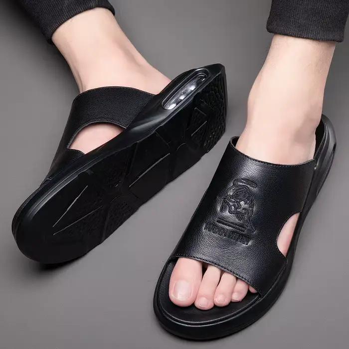 Chaussures d'été 2026 pour hommes, sandales décontractées en cuir véritable brodé, claquettes confortables à coussin d'air, sandales de plage