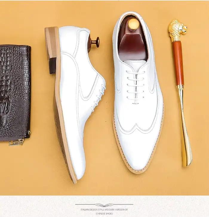 Chaussures pour hommes grande taille 46, chaussures formelles en cuir pour hommes, chaussures de mariage blanches, bout pointu, version européenne, style Oxford.