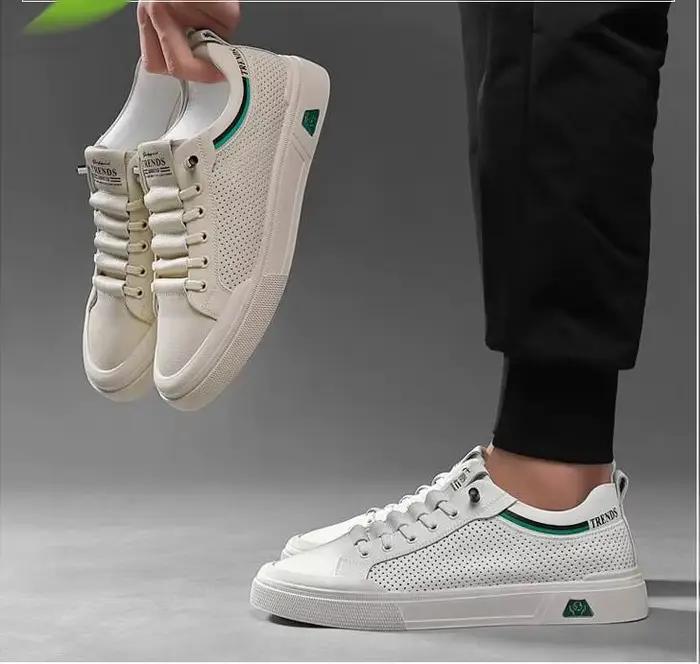 Chaussures décontractées en cuir véritable pour hommes, chaussures de skateboard plates, chaussures de rencontre respirantes, cuir de vache, tendance de la rue, été, nouveau