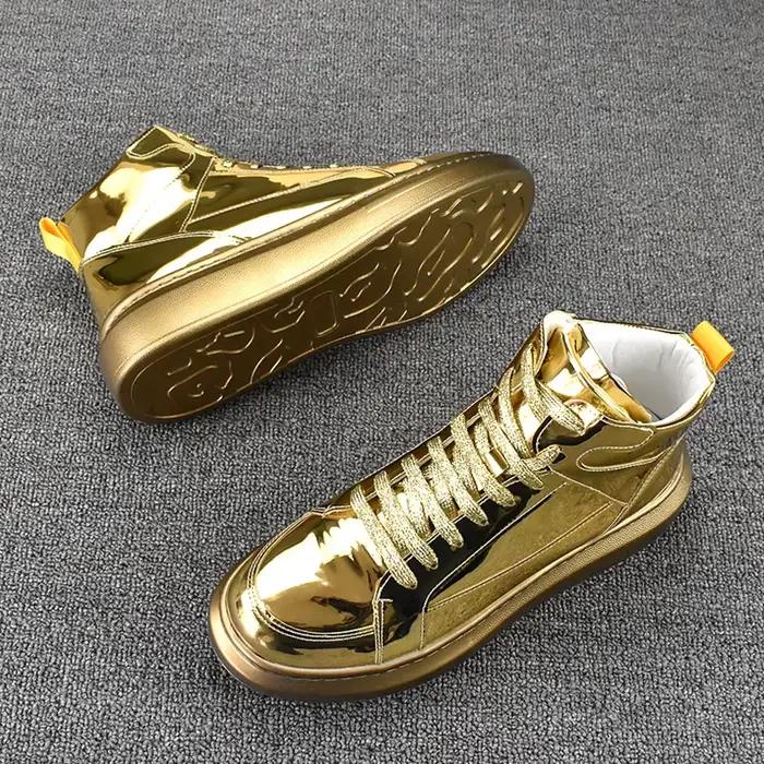 2025 chaussures de sport montantes pour hommes mode cuir brillant or argent luxe Skateboard bottes souples légères Sneaker de haute qualité
