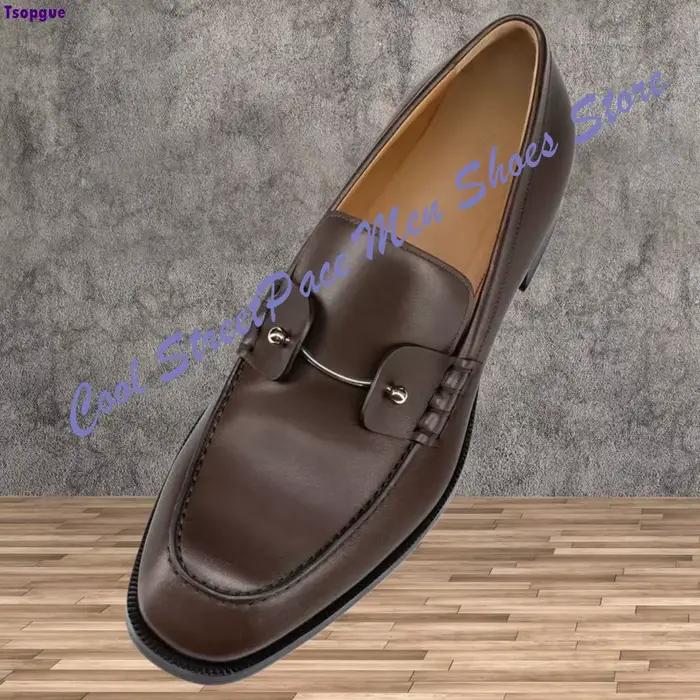 Mocassins Penny en métal pour hommes, marron et noir, en cuir lisse, à bout carré, à enfiler, chaussures habillées formelles pour le bureau et les affaires