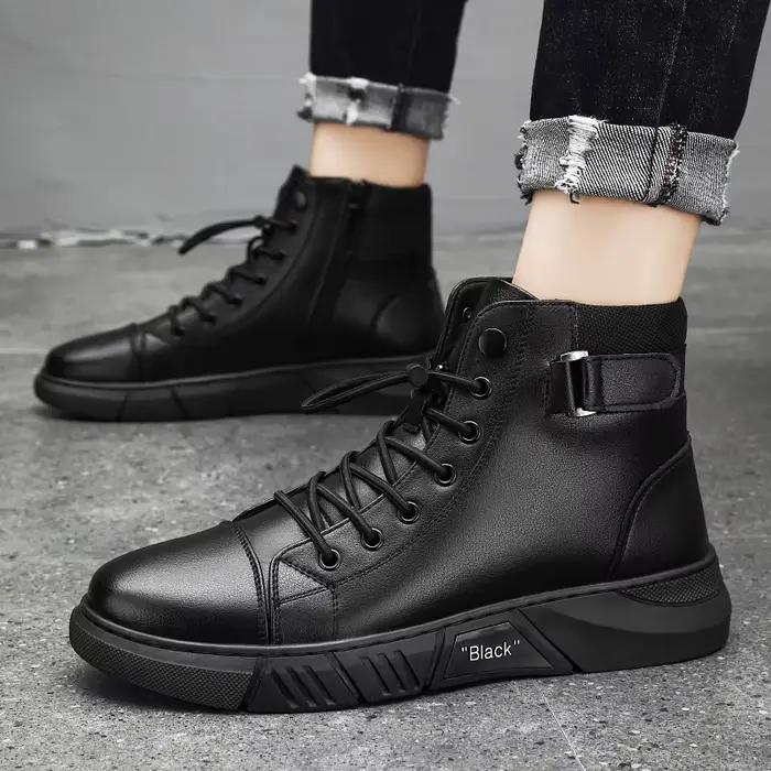 Bottes de rinçage en cuir noir pour hommes style britannique printemps automne confort plat forme de bout rond occassions extérieures et travail