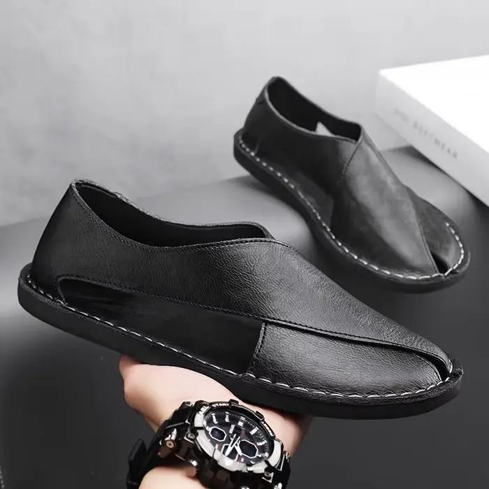 Sandales d'été en cuir véritable pour hommes, chaussures de plage pour jeunes, pantoufles légères et respirantes, sandales basses pour hommes