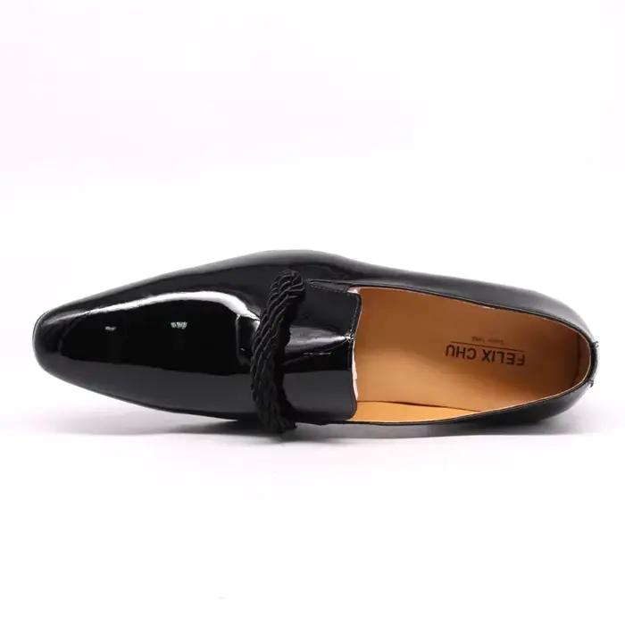 Mocassins Felix Chu en cuir verni noir pour homme, bout pointu, détails en ficelle, chaussures habillées pour événements formels et mariages