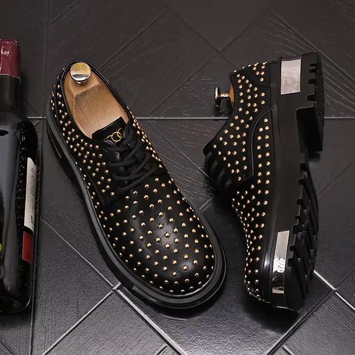 Chaussures décontractées homme en cuir fendu avec lacets, motif vichy, semelles en caoutchouc pour homme, style punk rock, occassions spéciales et quotidiennes