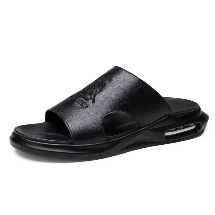 Chaussures d'été 2026 pour hommes, sandales décontractées en cuir véritable brodé, claquettes confortables à coussin d'air, sandales de plage