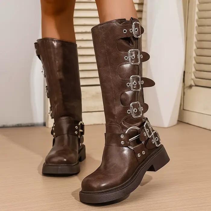 Nouvelle femme bottes genou haute plate-forme élégante talon bas tendance Punk gothique New Rock cuir mode chaussures