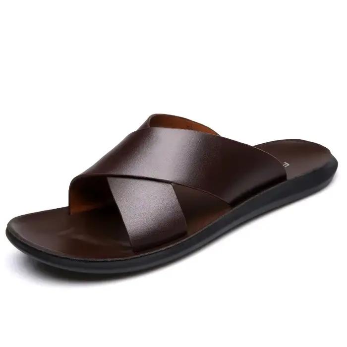 Sandales pour hommes pantoufles en cuir véritable marque de luxe mode chaussures plates pour homme décontracté antidérapant plage Sandalia Zapatos Hombre 2024