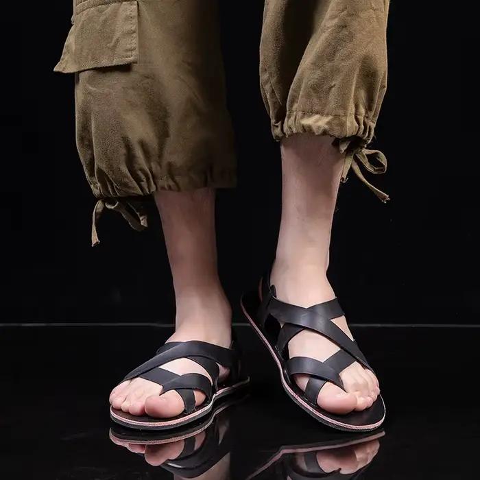 Été hommes mode Rome en cuir véritable sandales ceinture conception bout ouvert sandales homme Simple chaussures plates décontractées respirant Sandalias