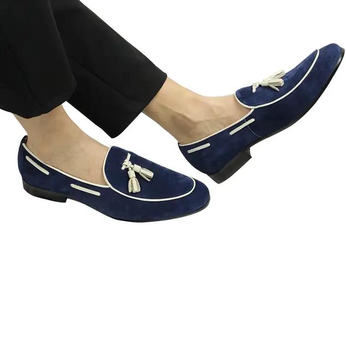Mocassins Penny Blue pour Hommes – Chaussures Décontractées d'Été à Pompom, Style Quotidien et de Bureau, en Daim de Vache de Haute Qualité, Personnalisables
