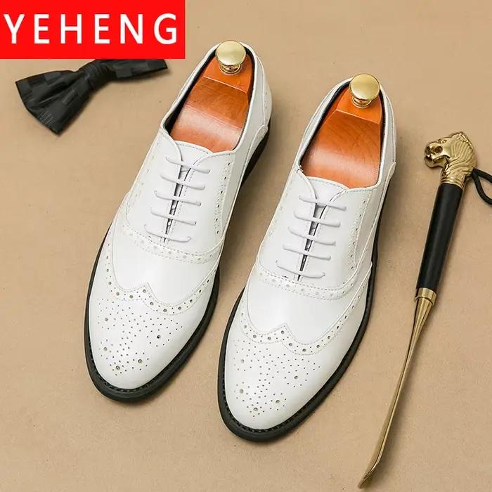 Chaussures de marié en cuir blanc italien de luxe pour hommes d'affaires Oxfords à bout d'aile moine à lacets Brock