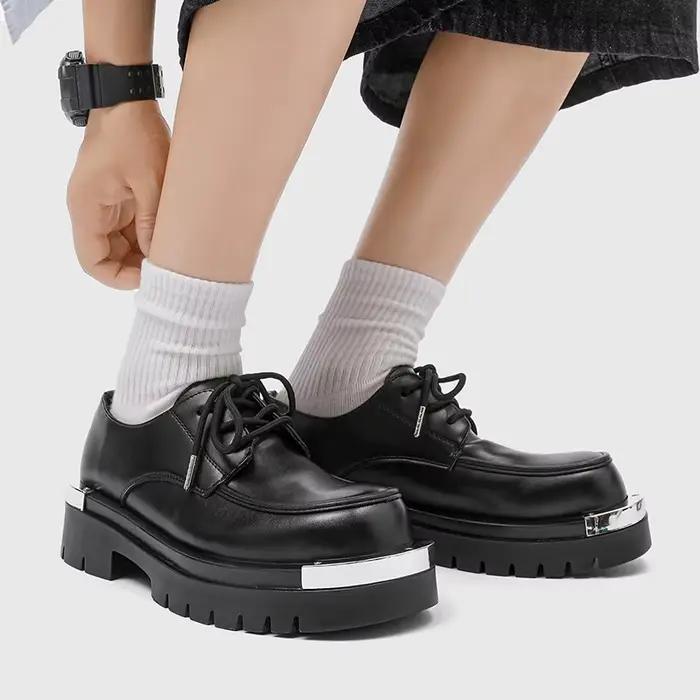 Chaussures derby à lacets en cuir naturel pour hommes, chaussures de soirée à plateforme, baskets élégantes noires, chaussures pour jeunes hommes
