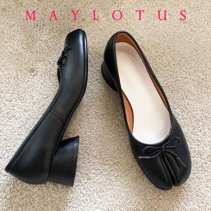 Chaussures Tabi à bout fendu, talon de 3 cm, en cuir, confortables, à semelle souple, mocassins pour femmes avec nœud