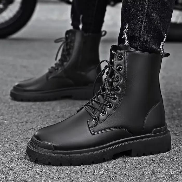 Bottes en cuir décontractées noires homme style britannique confort cheville plat semelle caoutchouc EVA occassions printemps automne moto balade
