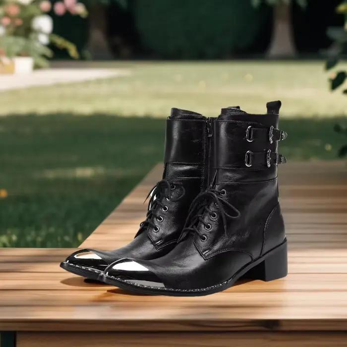 Bottes de cow-boy homme en cuir véritable bout pointu talon élevé mi-mollet pour style de rue printemps automne occidentales bottes de fête bottes chelsea grandes tailles