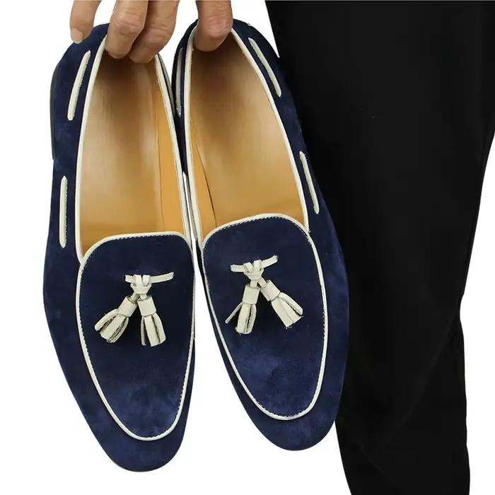 Mocassins Penny Blue pour Hommes – Chaussures Décontractées d'Été à Pompom, Style Quotidien et de Bureau, en Daim de Vache de Haute Qualité, Personnalisables