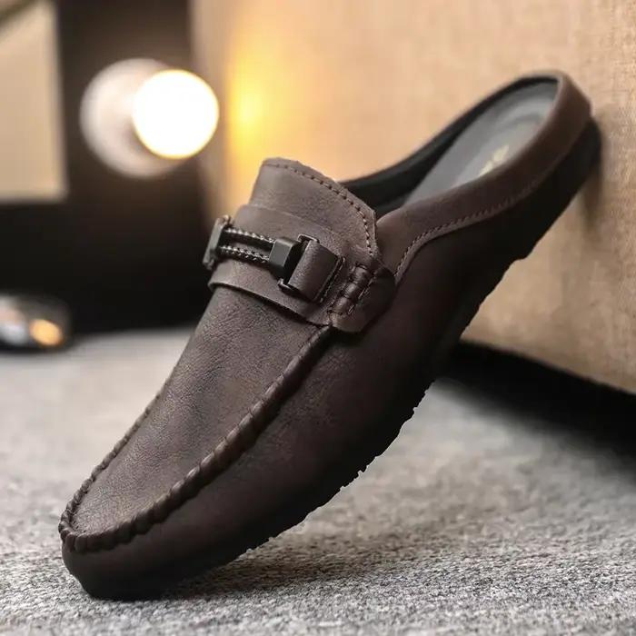 Hommes demi pantoufles été en cuir respirant hommes chaussures décontractées sans lacet paresseux conduite chaussures confortable marche mocassins