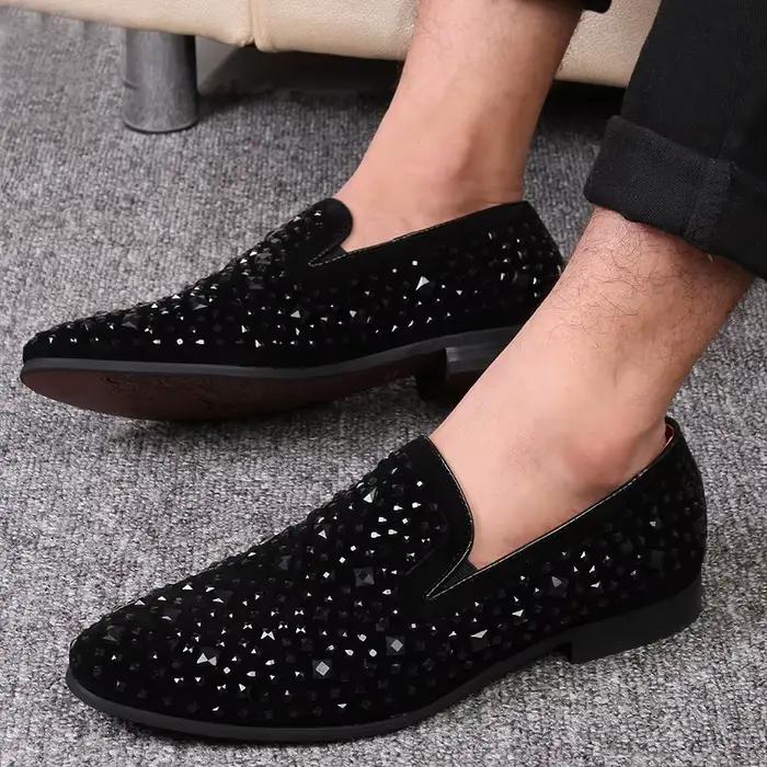 Chaussures habillées pour hommes de luxe bout pointu mocassins noirs Denim métal paillettes