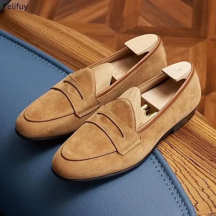 Mocassins en cuir véritable suédé marron beige pour hommes