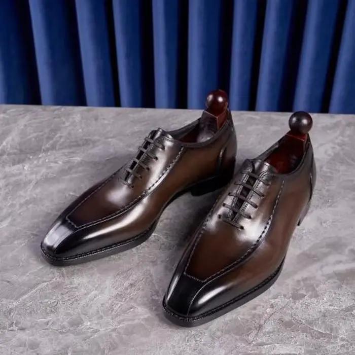 Oxfords marron noir pour hommes, chaussures d'affaires formelles en cuir véritable, chaussures habillées Vintage pour hommes