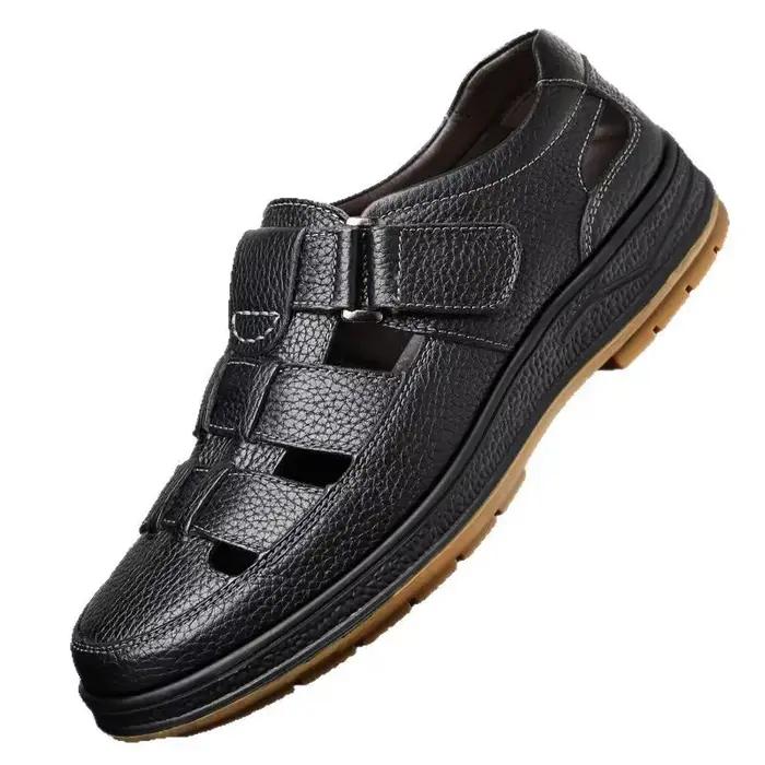 Sandales en cuir véritable pour hommes, chaussures d'été respirantes et décontractées, fond souple, antidérapant, Design ajouré, chaussures confortables pour papa