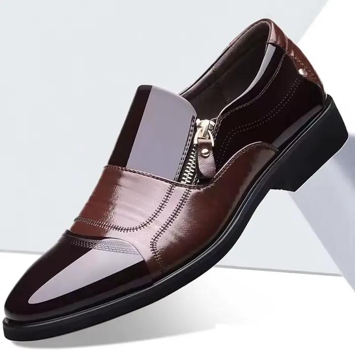 2025Men chaussures en cuir pointu pointues en plein air anti-dérapant plat mode affaires fermeture éclair