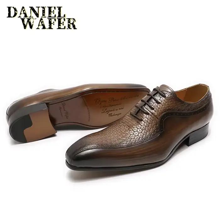 Marque de luxe hommes Oxford chaussures formelles noir marron bout pointu à lacets bureau affaires mariage