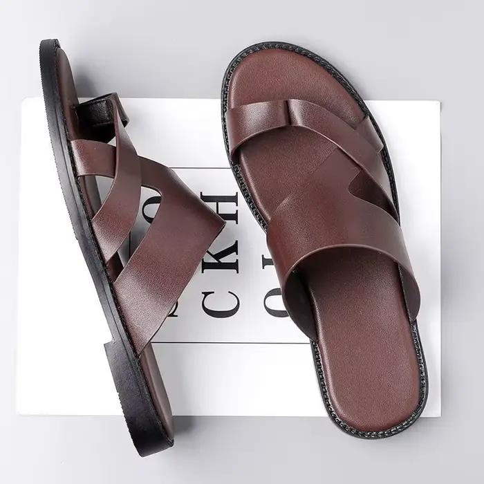 Sandales pour hommes, pantoufles en cuir véritable, marque de luxe, chaussures plates décontractées antidérapantes pour la plage, Sandalia Zapatos Hombre 2024
