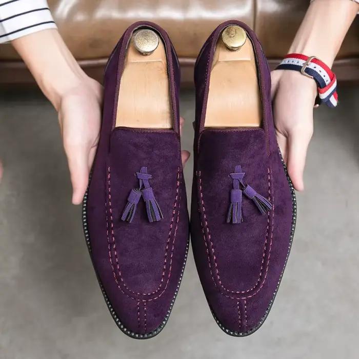 Nouveau Designer britannique daim cuir gland chaussures décontractées pour hommes violet bleu marron mocassins mariage bal retour fête chaussures